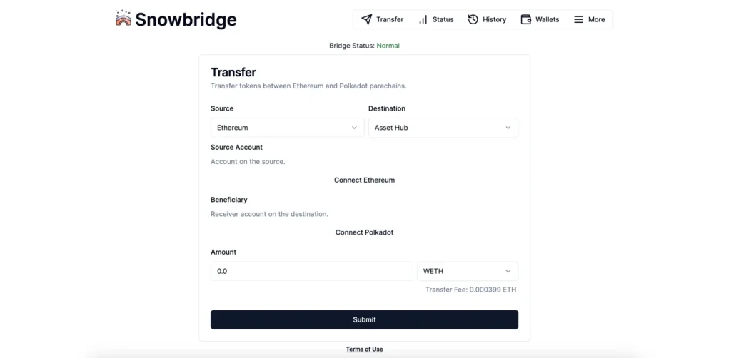 snowbridge ui ethereum dot